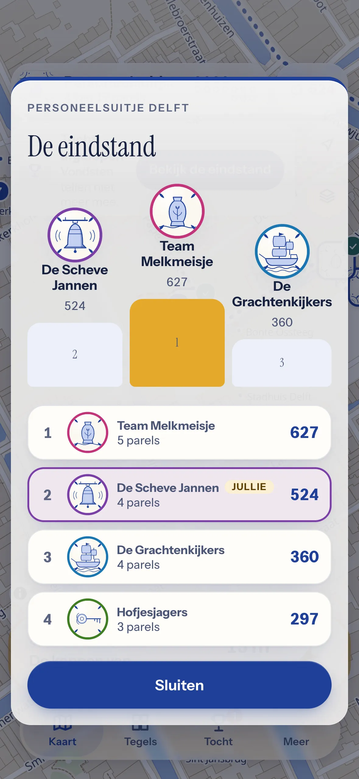 De eindstand van een tocht met een erepodium voor de drie beste teams.