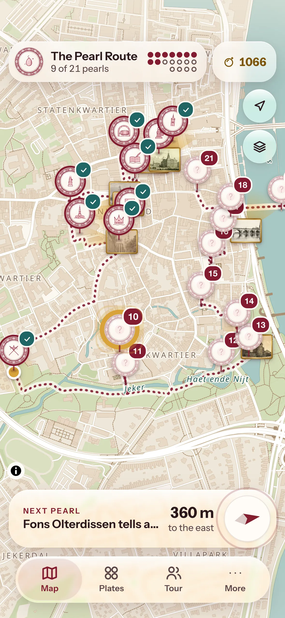 Die App Perlen von Maastricht: eine Karte der Altstadt mit Tellern als Stecknadeln entlang der Perlenroute und unten die nächste Perle.