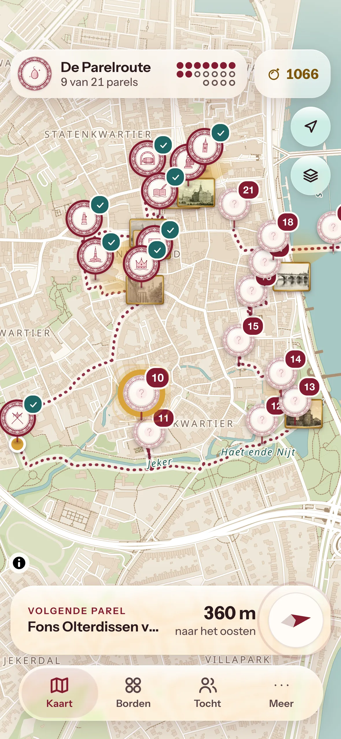 De app Parels van Maastricht: een kaart van de binnenstad met borden als spelden langs De Parelroute en onderin de volgende parel.