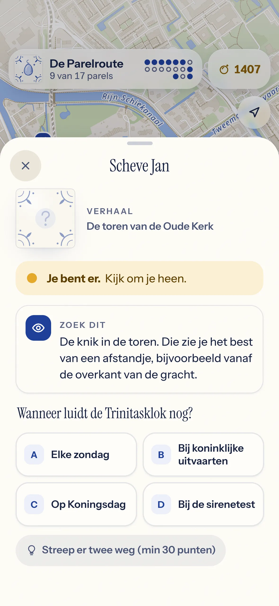 Een kijkvraag met vier antwoorden, bij een parel.
