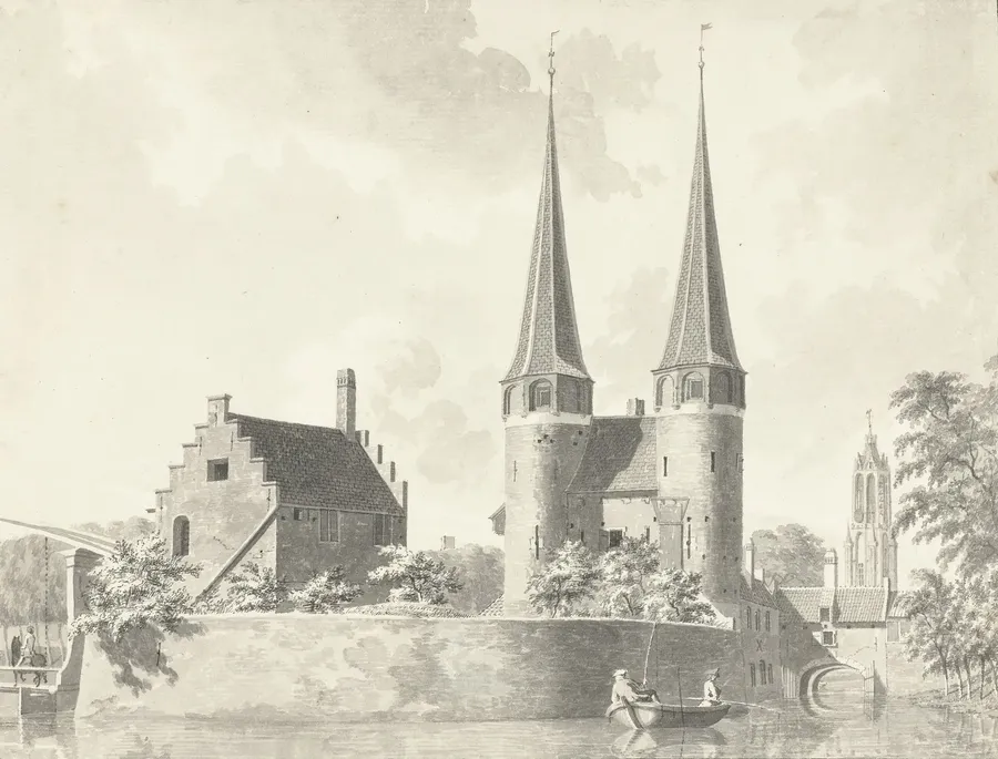 Tekening van de Oostpoort met zijn twee hoge spitse torens aan het water, links een huis met een trapgevel en een ophaalbrug, rechts in de verte de toren van de Nieuwe Kerk en een bootje met twee mannen.