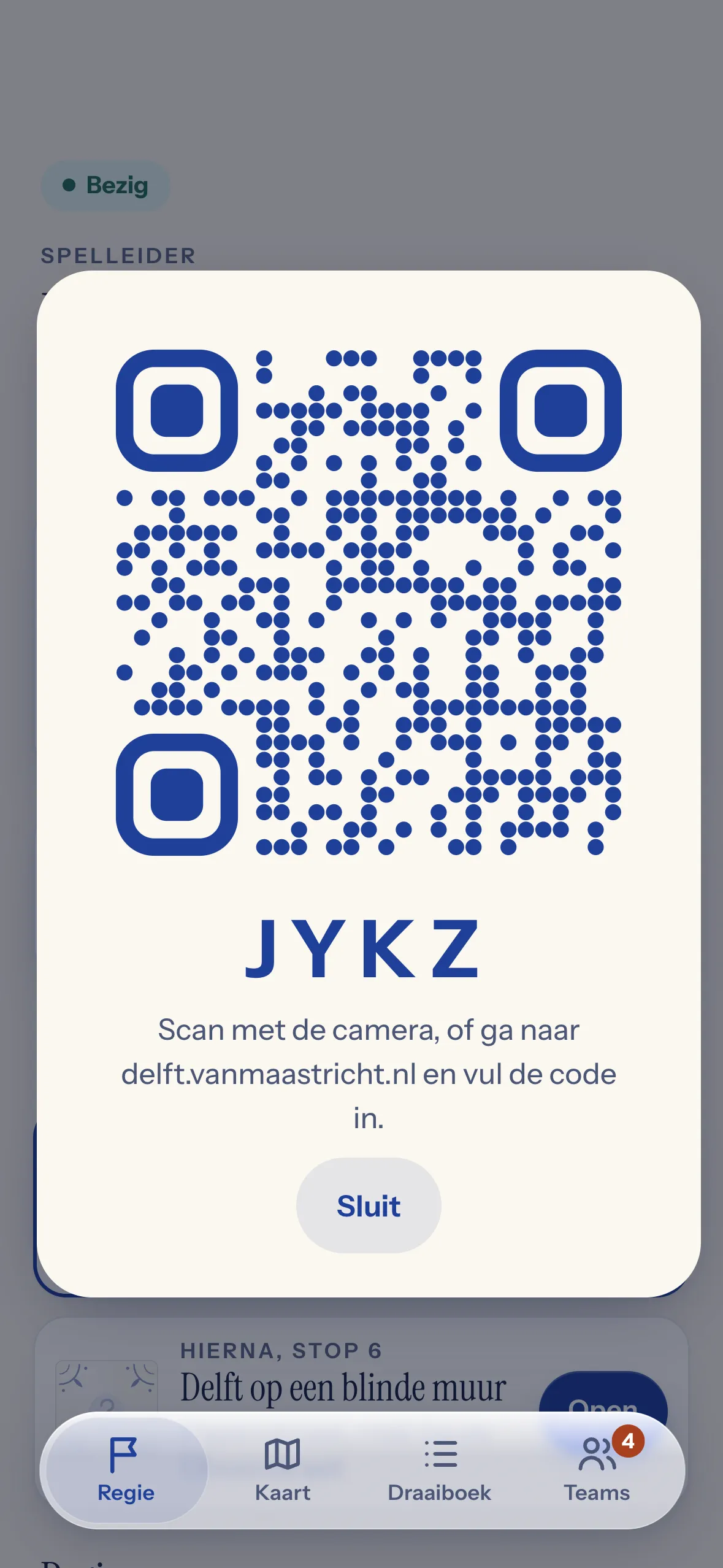 Het scherm met de QR-code en de tochtcode van vier letters.