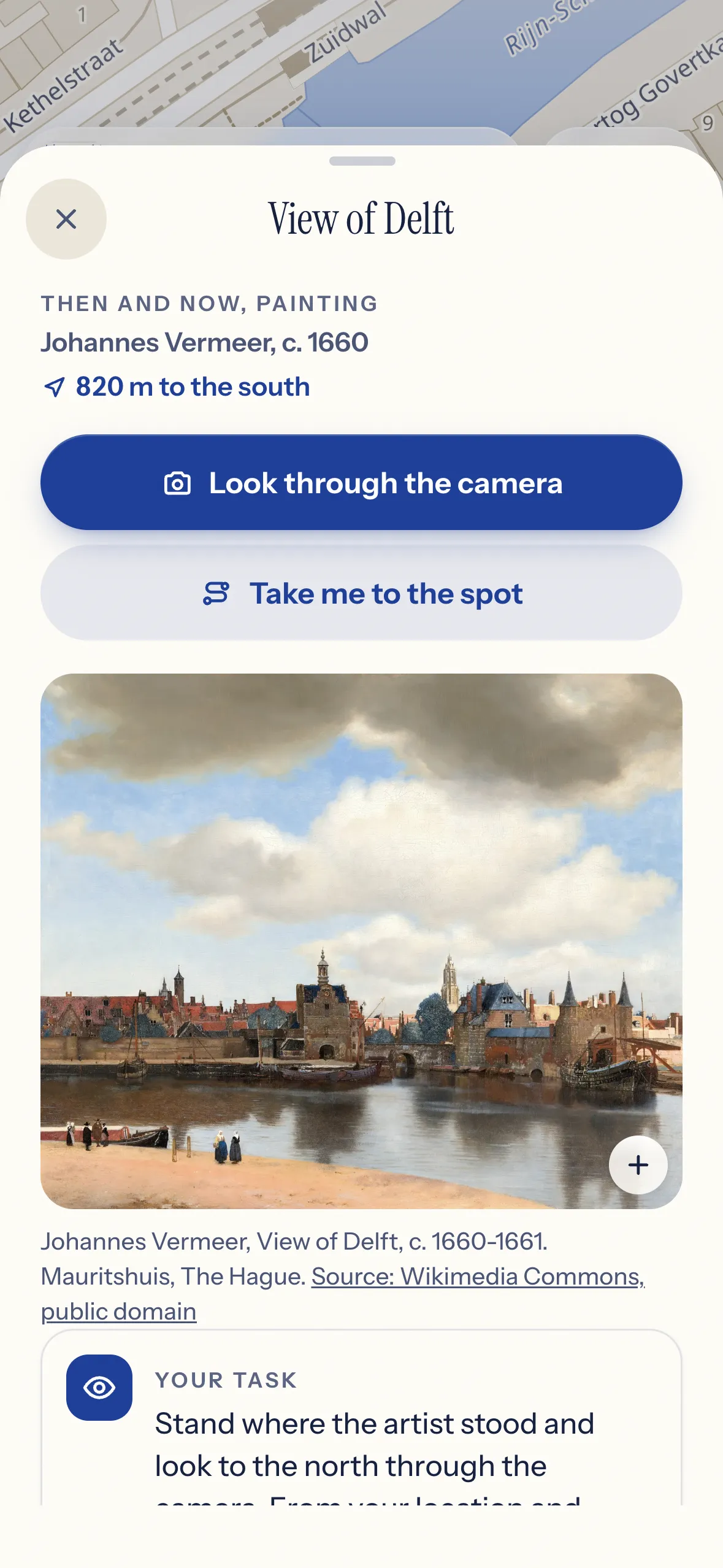 The View of Delft page in the app, with the painting and what has changed since.