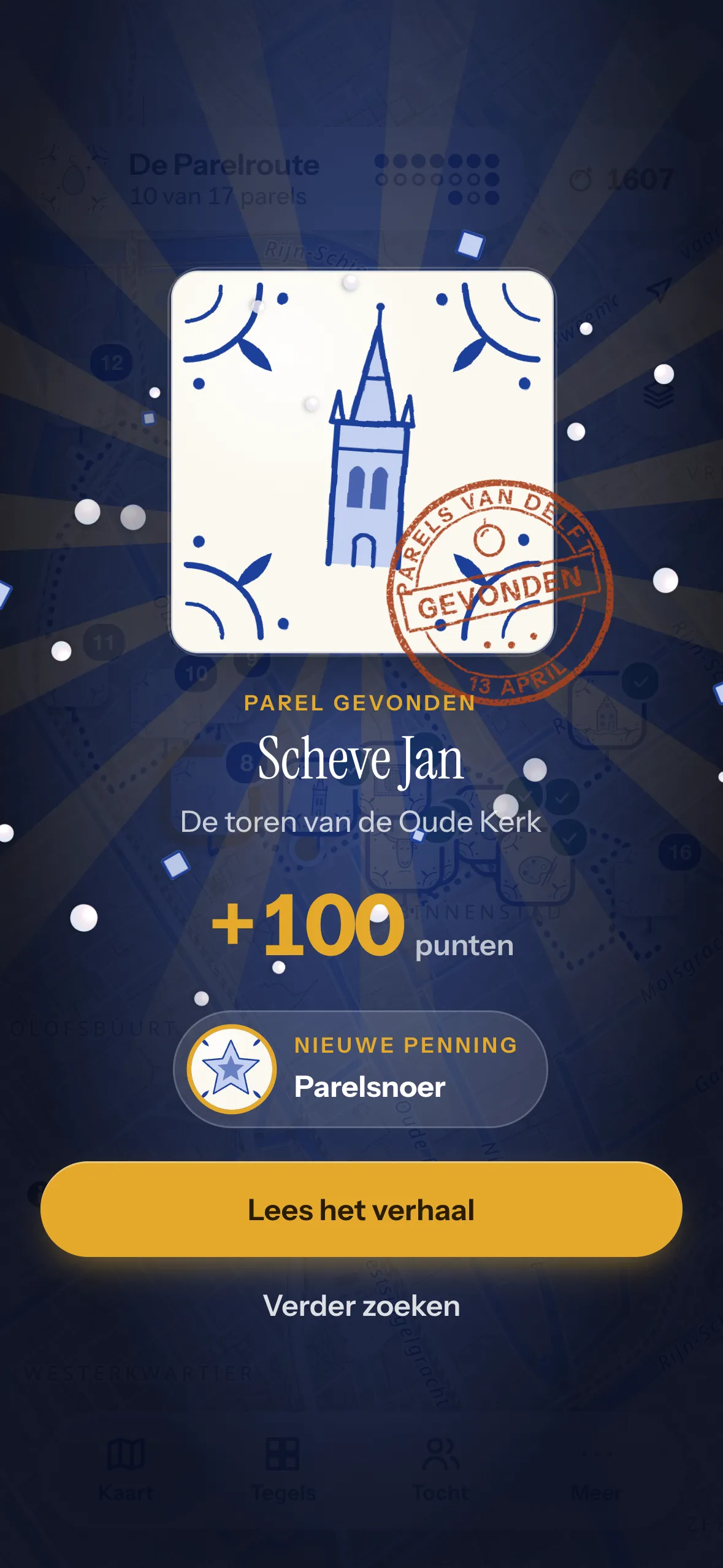 Een tegel die zich schildert na een goed antwoord, met de punten.
