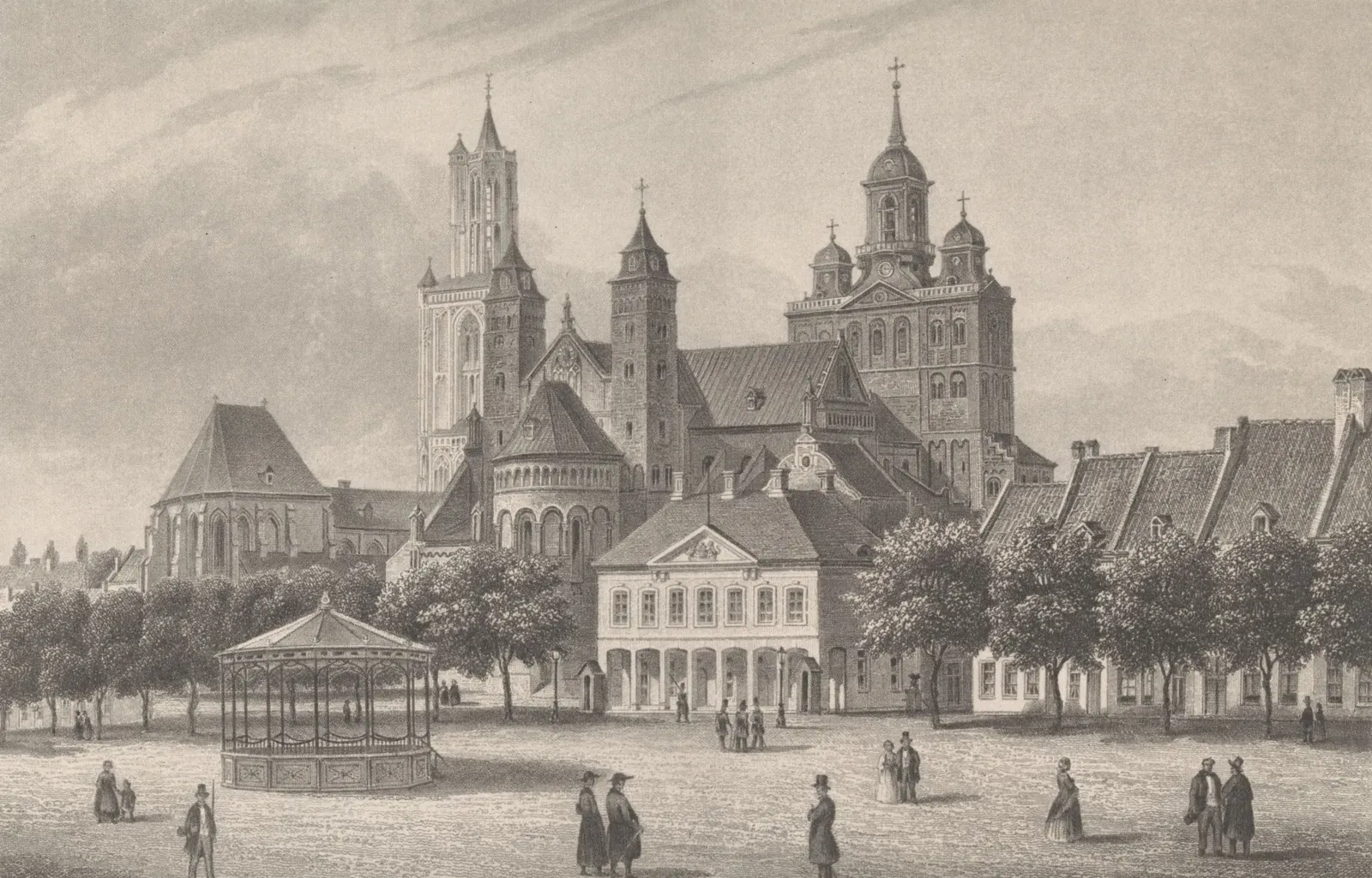 Lithografie vom Vrijthof mit Spaziergängern und Soldaten bei der Hoofdwacht, dahinter die Sint-Servaas mit barocken Kuppeln und links der Turm der Sint-Jan.