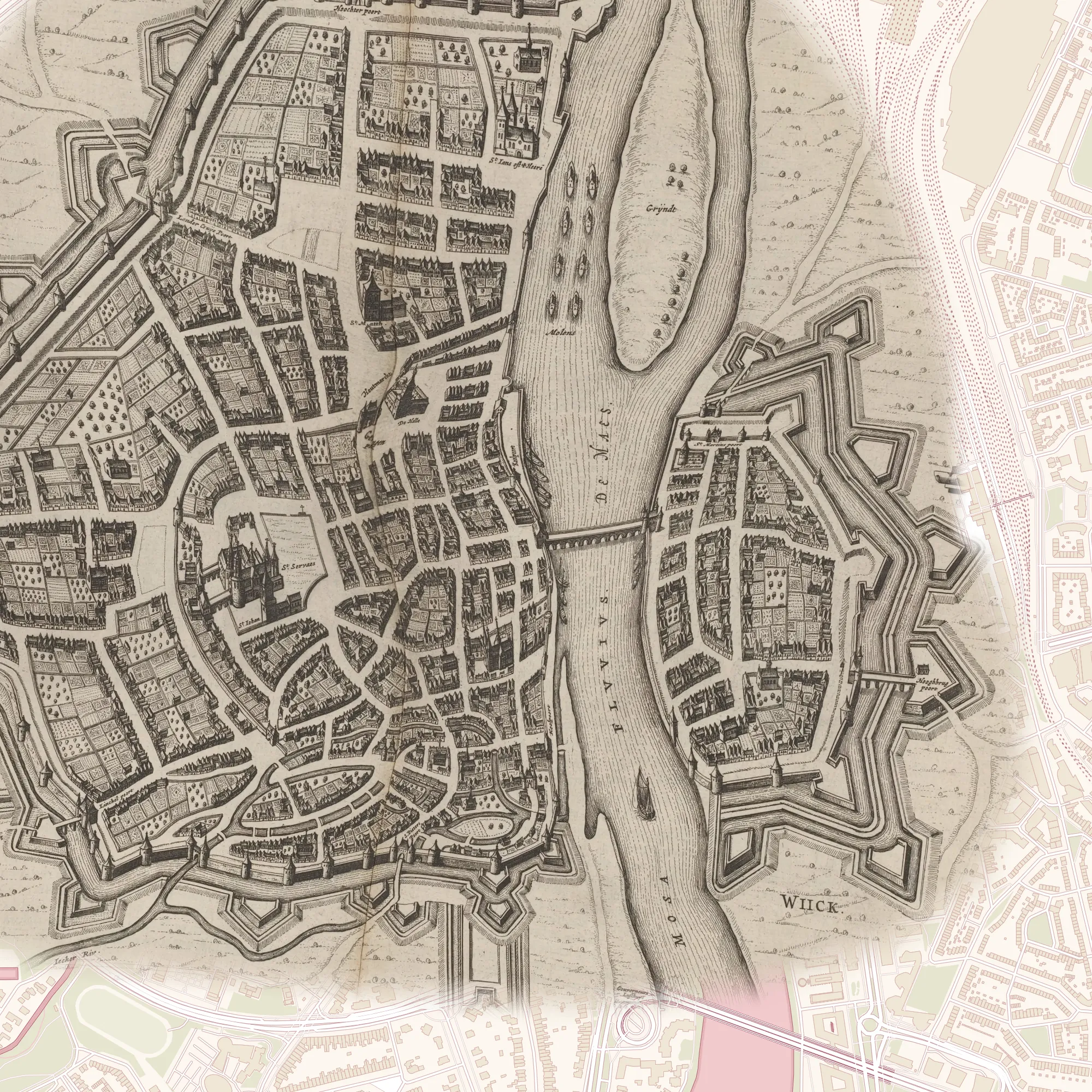同一片老城,在 Joan Blaeu 1649 年的地图上,画着防御工事、马斯河和 Wyck。